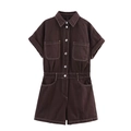 Detail of brown utility romper showing white contrast stitching and breast pockets - XS / Coffee