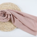 Lightweight dusty rose chiffon hijab scarf with pearls on a rustic woven mat base - 114