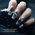 Sparkling grey gradient cat-eye press-on nails with silver stars and heart rhinestones - Grey Black Ombre Moon Star Cat Eye (N519)