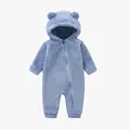 Light blue plush baby hooded jumpsuit with cute bear ears and zipper closure - Light Blue / 66cm