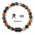 Aquarius beaded bracelet with natural tiger eye stones and zodiac charm on white background - Aquarius-Elastic Style