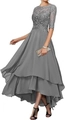 Grey lace evening dress with sequins featuring a high-low hem and 3/4 sleeves - US 2 / Bottoms / Gray