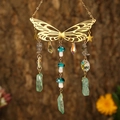 Golden butterfly suncatcher with colorful crystals, mushroom beads and green quartz stone - Gold Wings + Grey Labradorite