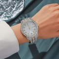 Silver iced-out women's watch with crystals, Roman numerals and calendar display - Two-tone White Dial