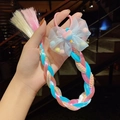 Kids hair tie with colorful braided hair extension and mesh bow with colorful poms - Heart Shape