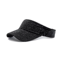 Detailed close-up of a black sun visor hat featuring intricate rhinestone beadwork - Black