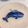 Close-up of ocean series whale hair claw clip in deep blue marble acetate material - Blue Double Whale