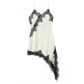 Elegant white satin slip dress with asymmetrical black lace hem and spaghetti straps - XS / Black and White