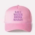 Pink trucker hat with Save Water Drink Margs slogan and breathable mesh back - All Pink