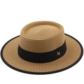 Cappello da sole in paglia a testa piatta con nastro nero e fibbia metallica a M - M (56-58cm) / Cachi