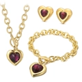Golden heart jewelry set with dark red crystal necklace, bracelet, and stud earrings - Gold 3-Piece Set - Dark Red Gem (KS52443-Z)