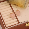 Cute pink strawberry stud earrings with gold leaves in a luxury leather jewelry box - Pink