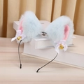 Plush blue and pink cat ear headband with white bows and golden bells on metal band - Light Blue
