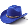 Close-up of royal blue suede cowboy hat with colorful ethnic beads and tiger eye stone - M(56-58cm) / Sapphire Blue