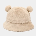 Detail shot of plush faux rabbit fur bucket hat with cute bear ears in beige - M / Beige