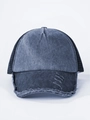 Detail of washed denim trucker hat with distressed brim and breathable black mesh - Adjustable / Navy Blue