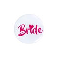 Weißer Weißblech-Anstecker mit pinkfarbenem Bride-Schriftzug für die Brautparty - Herz Braut / Weiß