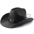 Schwarzer Western-Cowboyhut mit beschlagenem Lederband und verstellbarem Kinnriemen - M (56-58cm) / Ganz Schwarz