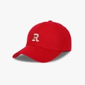 Detailed view of silver 3D letter R embroidery on dark red cotton twill baseball cap - Red