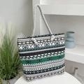 Ethnic bohemian canvas tote bag with dark green geometric patterns and rope handles - Green Ethnic