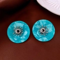 Lake blue marble resin stud earrings with silver sunflower metal and black center stone - 46# Silver Earring Post-Silver-Blue