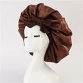 Detailed view of brown satin sleep bonnet with a large silk bow on a mannequin head - Medium Single Layer Ribbon / Coffee