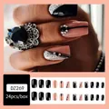 French style fake nails set DZ269 with black rhinestones and silver glitter 24pcs - Glue Type / DZ269 Dark Black Rhinestones