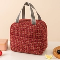Red tweed thermal lunch bag with gold thread and black and white striped handles - Burgundy
