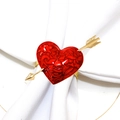 Elegant red heart napkin ring with gold arrow design on a white fabric napkin - Style 23-Simple Arrow Through Red Heart