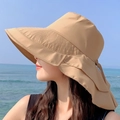 Khaki wide brim sun hat for women with UV protection and decorative back bow tie - Khaki