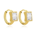 Detail of gold geometric earrings with rectangular clear stone and beaded metal border - Rectangular Zirconia Bead Edge Style (C101) / Gold