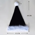 Detail view of black plush Christmas hat with white pom-pom and dimensions 45x32cm - 45*32cm / Black Long Plush Adult