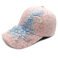 Gorra de béisbol de encaje rosa para mujer con bordado de flores azules y perlas blancas - M(56-58cm) / Rosa