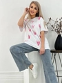 Oversize λευκό βαμβακερό T-shirt με ροζ σχέδιο καρδιάς και φαρδύ γαλάζιο τζιν παντελόνι - S / Λευκό