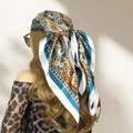 Square paisley printed satin headscarf with boho floral pattern in blue and orange - Light Blue