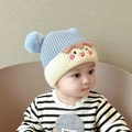 Blue and cream knit baby pom-pom hat with cute cartoon embroidery for autumn winter - Kids Blush Face - Blue