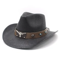 Detail of black western cowboy hat with bull head silver buckle and turquoise beads - M(56-58cm) / Black
