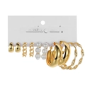 6-piece golden earring set with square geometric hoops, chains, and faux pearls on a card - 6 Pairs Set / Gold White