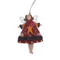 Pendaglio angelo di Natale in legno rosso con stelle dipinte e ali bianche rustiche - Angelo in vestito rosso / 13*9cm