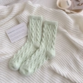 Soft light green cable knit crew socks made of warm thick fleece for autumn and winter - One Size / Light Green
