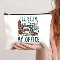 White canvas makeup bag featuring a colorful sewing machine print and zipper closure - I'll Be In My Office White (jiaying0035)