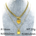 Golden double-layered heart and lock pendant necklace with cuban chain on display - Cuban Chain Lock & Heart Style (KN288679-Z)
