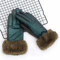 Deep green winter touchscreen gloves with plush brown faux fur cuffs on a grid rack - One Size / Green