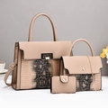 Three-piece beige luxury handbag set featuring faux snake texture and gold hardware - Khaki
