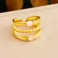 Adjustable triple-layer 18k gold-plated stainless steel ring with pink gemstones - 3-Layer Rope Pink Gem Style (R535) / Adjustable Open