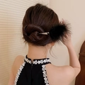 Chinese retro hair pin with silver metal rod and large black decorative fur ball - Gunmetal Black Fur Ball (17#)