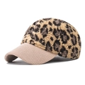 Detail of leopard print faux fur baseball cap with beige corduroy brim texture - Adjustable / Leopard Print Beige & Khaki