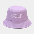 Dettaglio del ricamo bianco GOLF sul cappello a secchiello in tela di cotone lavanda - M (56-58cm) / Viola Chiaro
