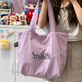 Borsa tote grande in tela viola con coulisse e stampa di lettere nere alla moda - Viola
