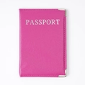 Pink PU leather passport holder with silver lettering and metal corners - Rose Red